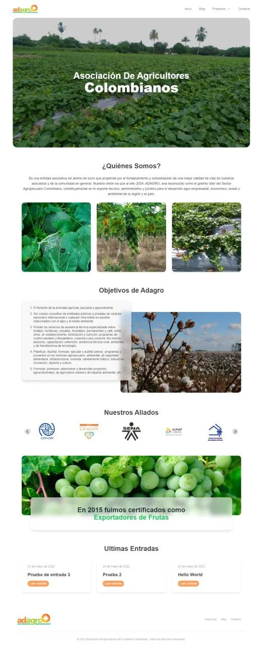 Página de inicio de Adagro con hero de cultivo y menú de navegación