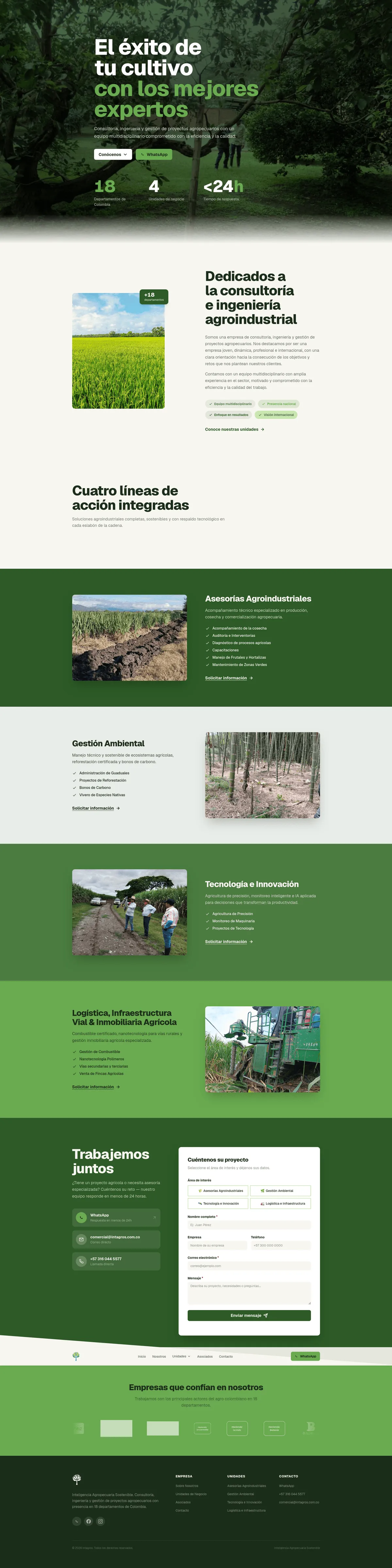 Landing de Intagros con hero y secciones de servicios agrícolas