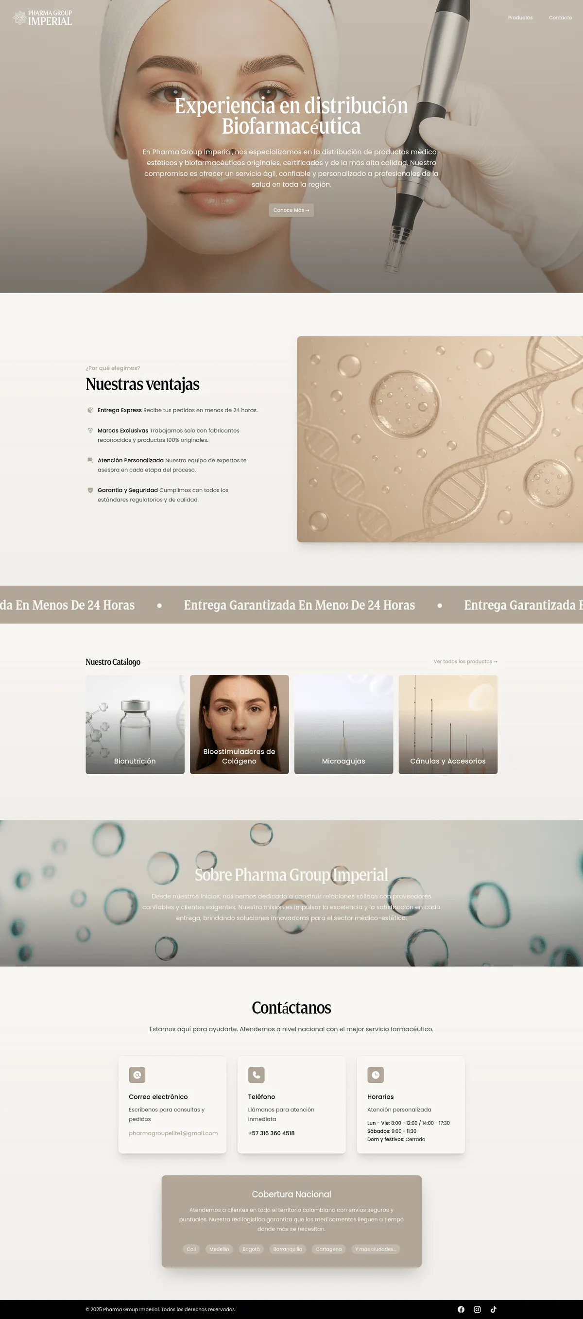 Landing de Pharma Group Imperial con hero de distribución biofarmacéutica